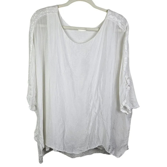 M for Bolide Tops - M for Bolide White Silk Blouse Tunic 3/4 Sleeve Scoop Neck Sequin Size Large